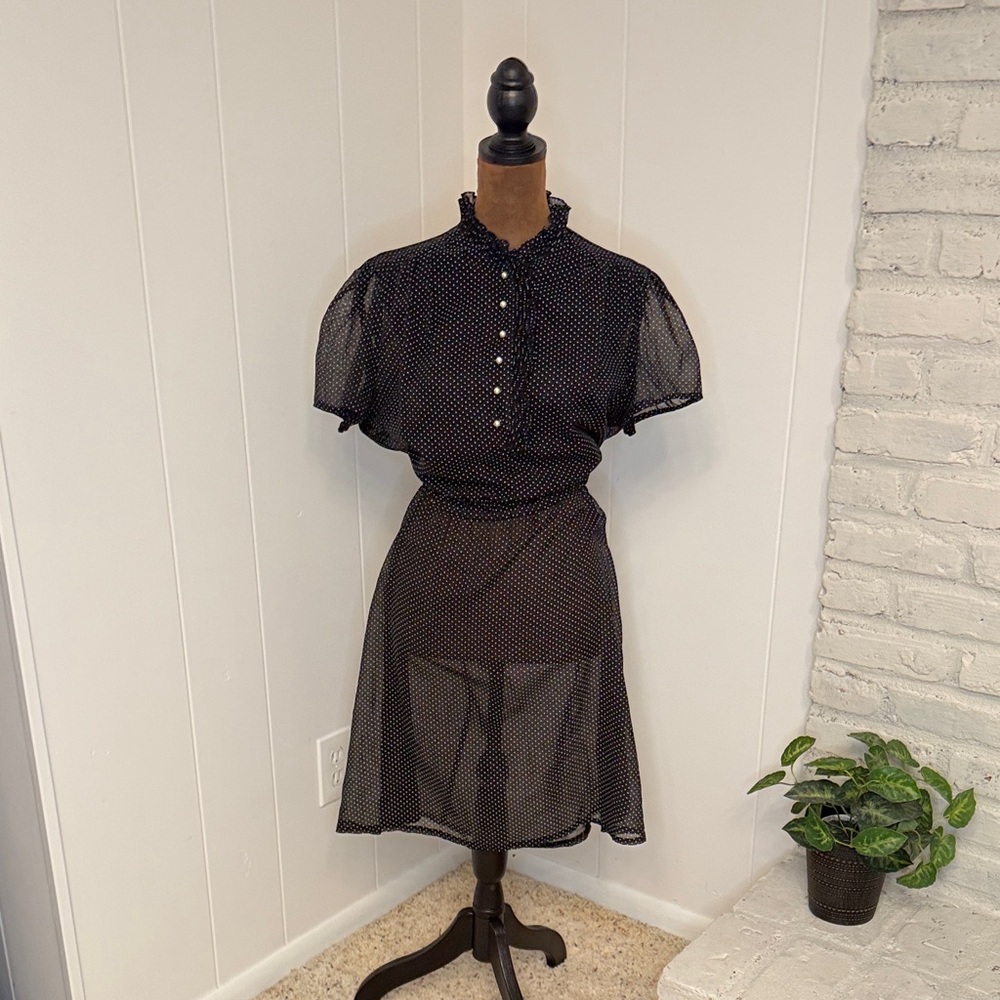 Elegant Sheer Vintage Black Polka Dot Dress with Accent Buttons M/L